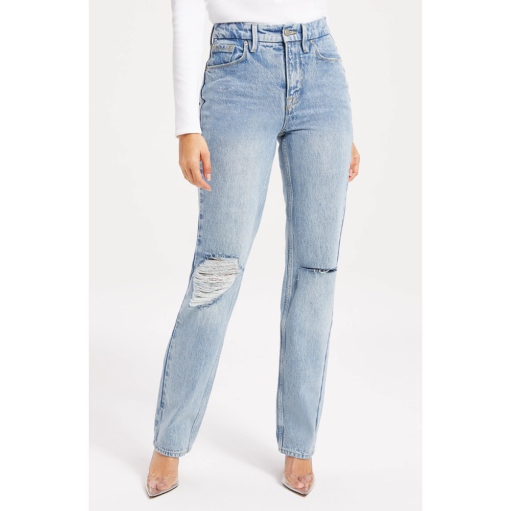 Good American Women's Icon High Waisted Straight Leg Light Wash Distressed Denim